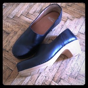 Dansko black leather clogs wooden heel